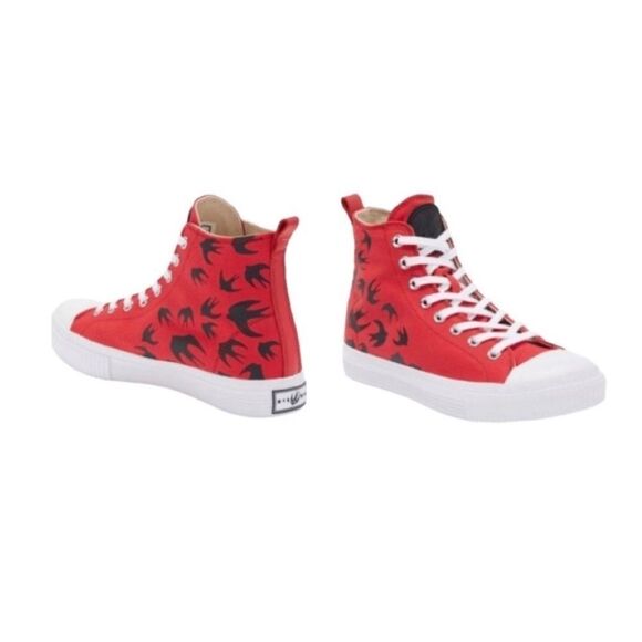 McQ by Alexander McQueen Swallows Red and Black HiTop Sneakers Sz 8 - Picture 2 of 4